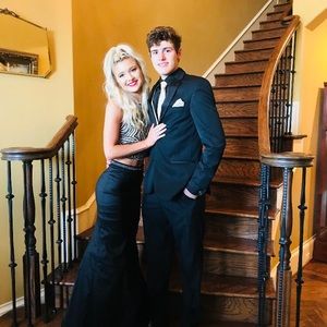 Black and gold two piece prom dress